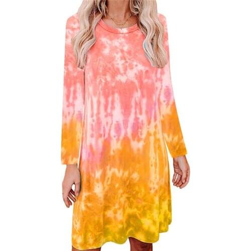 Womens Fall Dress, Loose Midi, Long Sleeve Round Neck Flowing Gradient Color Dye Printed Clothes