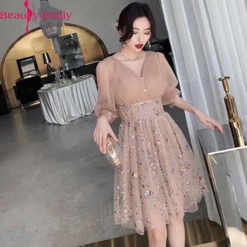 Beauty Emily Elegant V Neck Three Quarter Knee Length Evening Dress 2020 Luxurious Sequined Button Khaki A Line Formal Dress