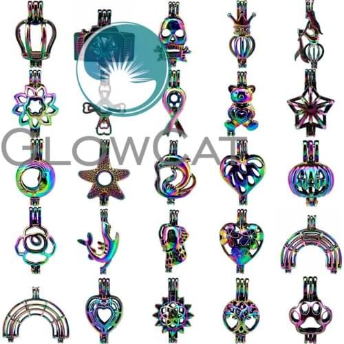 1X Colorful Beads Cage Animal Heart Rainbow Crown Puppy Essential Oil Diffuser Pearl Cage Locket Charms for Pendant