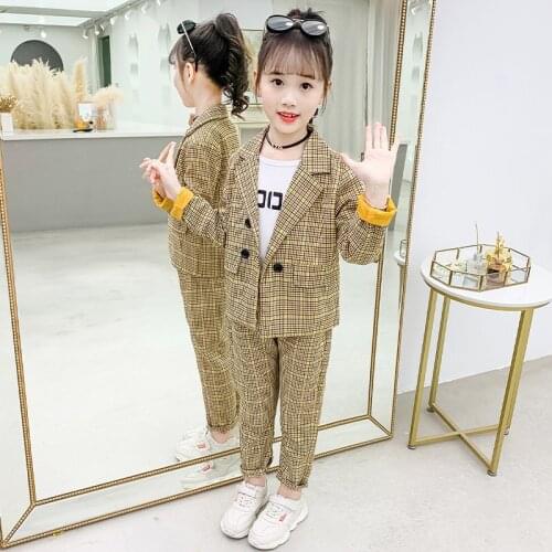 2020 Retro Plaid Blazer Set For Girls Two Piece Childrens Suits For Party Wedding Outfit Vintage Kids Blazer For 4 5 7 9 11 13T