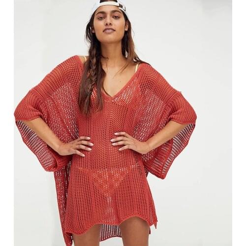 2021 Sexy See Through Mesh Knited Bikini Cover-ups Red Crochet Tunic Women Summer Mini Dress Beach Wear Swim Suit Cover Up N1300
