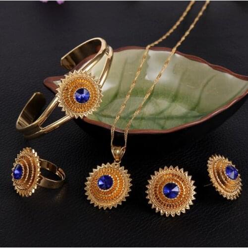 Bangrui Dubai Gold Jewelry Set For Women African Ethiopian Jewelry Antique Bangle EarringsRing Pendant Necklace Set