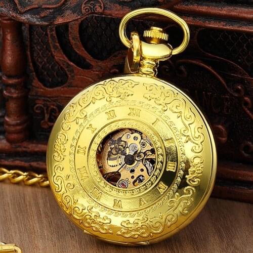 Antique Full Gold Mechanical Pocket Watch for Men Women Steampunk Skeleton Hollow Gear Fob Chain Golden Pendant montre de poche