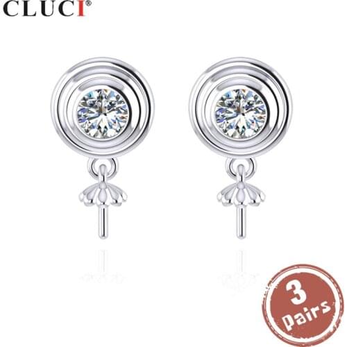 CLUCI 3 pair 925 Sterling Silver Stud Earrings for Women Jewelry Pearl Earrings Mounting Zircon Silver 925 Earrings SE101SB