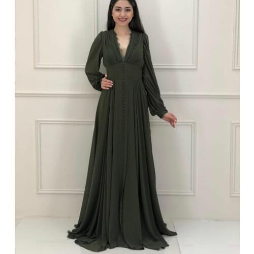 Elegant A-Line V-Neck Muslim Chiffon Prom Dresses Zipper Back Pleated Long Sleeve Robe De Soiree Floor Length Formal Party Gown