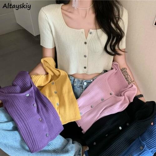T-shirt Women Design Retro 8 Colors Crop Top Button Square Collar Sexy Solid Minimalist Preppy Summer Trendy Feminine Ulzzang