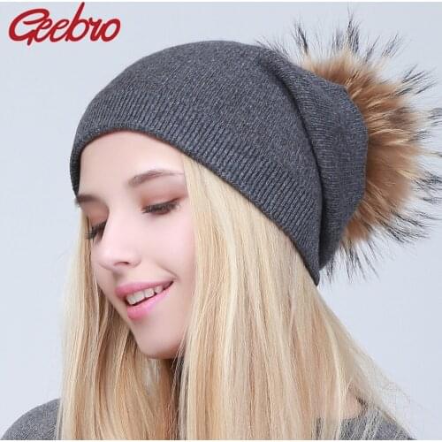 Geebro Womens Knitted Cashmere Beanies Hat Winter Knitting Warm Wool Skullies Beanies with Raccoon Fur Pompom Ladies Solid Cap
