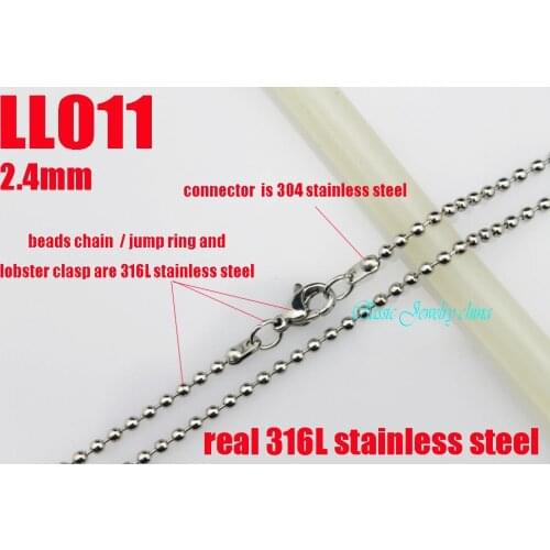 Real 316L stainless steel 2.4mm beads chain stainless steel ball chain necklace with lobster clasp fashion Jewelry 20pcs LL011