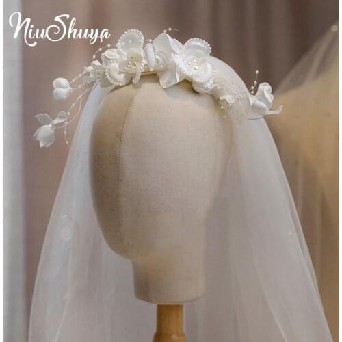 NiuShuya Vintage Handmade Flower Brides Pearls Headbands with Veils Wedding Tiara Hairbands Bridal Hair Accessory