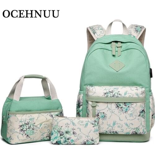 OCEHNUU College School Bags For Teenage Girls 2020 15.6 Inch Laptop Backpack School Shoulder Bags Set Canvas Bagpack Women Print