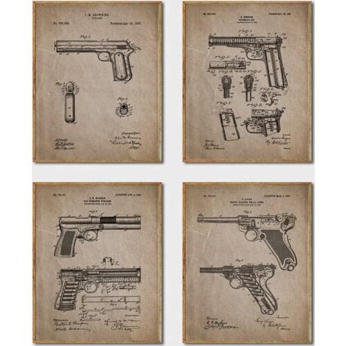Pistol Patent Poster Colt Revolver Print Automatic , Luger Vintage Gun Illustration Canvas Painting Military Wall Art Decoration