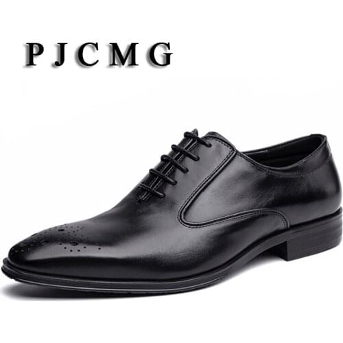 PJCMG Fashion Breathable Handmade Business Wedding Casual Genuine Leather Lace-Up Pointed Toe Oxford Dress Wedding Men Shoes