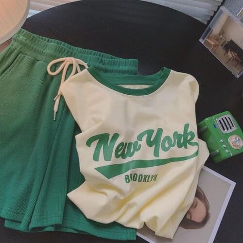 Casual Sports Suit Stitching Loose Letters Short-sleeved T-shirt High-waist Shorts Fitness Exercise Women Tracksuit 2 Piece Set