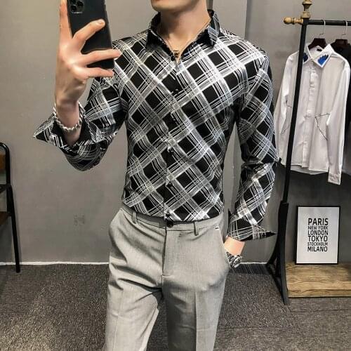 High Quality Fashion 2021 Spring New Slim Fit Plaid Shirts Men Clothing Streetwear Casual Long Sleeve Gentlemen Tuxedo Dress 3XL