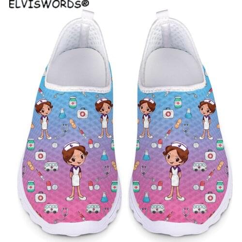 ELVISWORDS Gradient Color Cute Nurse Prints Stylish Ladies Comfortable Sneakers Flats Casual Womens Walking Shoes zapatos mujer