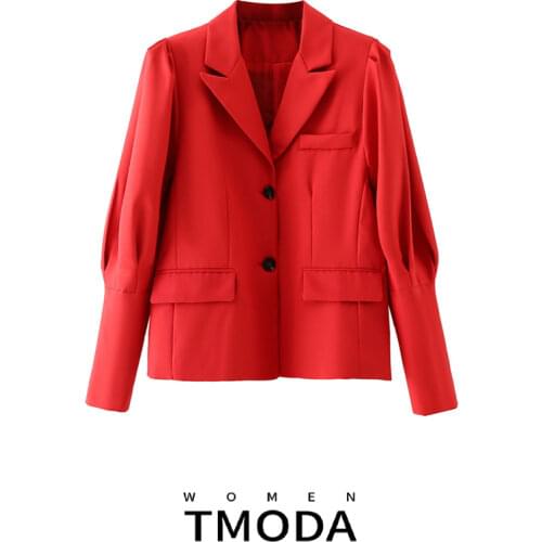 TMODA351 2021 Spring Fashion Vintage Style V-neck Single Button Solid Color Long Sleeve Temperament Women Blazer Red Black Coat