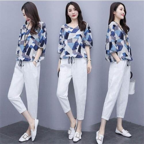 M-4xl Summer Two Piece Sets Outfits Women Plus Size PrintedShort Sleeve Tops And pur color Pants Korean Sets