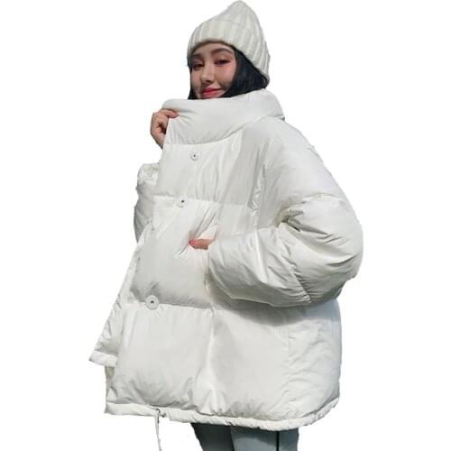 Korean Style 2020 Winter Jacket Women Stand Collar Solid Black White Female Down Coat Loose Oversized Womens Short Parka