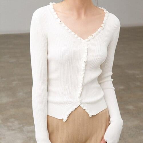 2021 New Women Frill Trim V-Neck Knitted Cardigan Ladies Slim Long Sleeve Single-Breasted Knitted Bottoming Knitwear Tops
