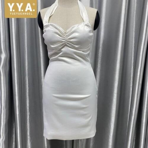 Ladies Elegant Sexy White Satin Halter Dress Fashion High Waist Slim Fit Party Short Dress Solid Color Backless Wedding Dress