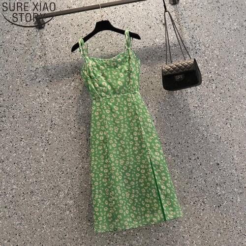 New Summer Dress Elegant French Style Split Daisy Print Dress Women Sleeveless A-line Camisole Dresses Vestido Feminino 15103