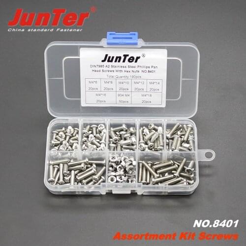 190pcs M4 (4mm)*6/8/10/12/14/16/18 A2 Stainless Steel Phillips Pan Head Machine Screws With Hex Nuts Assortment Kit NO.8401