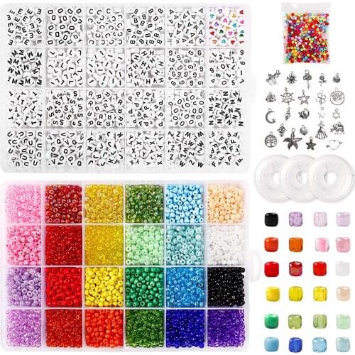 5740pcs Jewelry Making Kit Beads for Bracelets, 4mm Glass Pony Seed Letter Alphabet Beads DIY Art Craft with Cord Elastic String