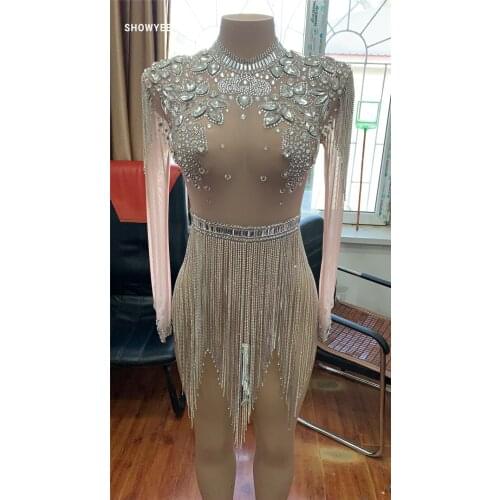 Shining Big Crystals Mesh Sexy Bodysuit Sparkly Rhinestones Chains Fringes Outfit Nightclub Party Wear See Through Costume