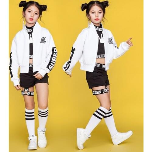 Children Hip Hop Dance Costumes Kids Street Dance Clothing White Jacket Black Vest Shorts Girls Dancewear Stage Outfit
