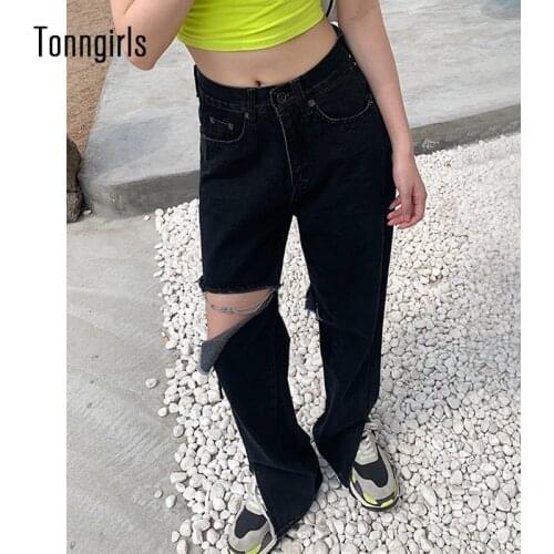 Tonngirls Vintage High Waist Jeans Casual Loose Y2k Black Ripped Jeans Women Streetwear Denim Wide Leg Jeans Pants Summer 2021