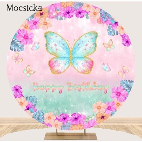 Purple Flowers Butterfly Background for Birthday Party Decoration Supplies Polyester Circle Elastic Round Photo Background Props