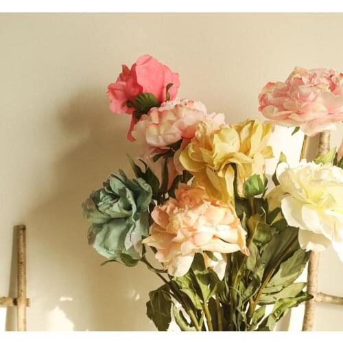 Artificial silk Flowers Burned-like rose peony branch with green leaves for living room decoration flores artificiales