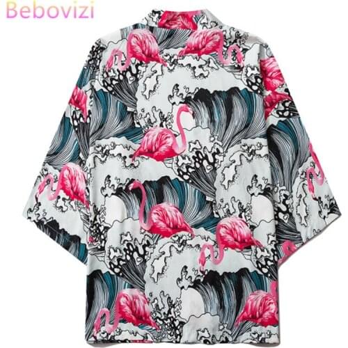 INS Hot Flamingo Harajuku Kimono Cosplay Japanese Fashion Male and Women Cardigan Blouse Top Haori Obi Asian Clothes Samurai