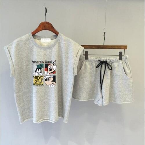 2pcs Disney Mickey Mouse Kawaii T Shirt Shorts Sets Sleeveless Tops Women 2021 Outfits Tee Shirt Femme Summer Clothes Sportswear