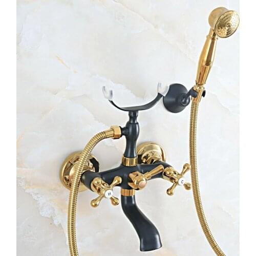 Oil Rubbed & Gold Brass Two Handle Wall Mounted Bathroom Bath Tub Faucet Set with 150CM Hand Held Shower Spray Mixer Tap 2na522