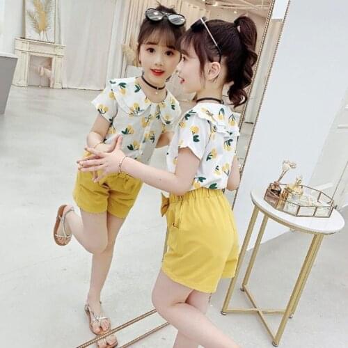 Summer Children Girls Clothing Sets Kids Turn-Down T-Shirt Shorts 2Pcs/Sets New Leisure Cotton Girls Suits Yellow/Orange Color