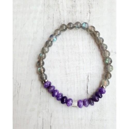 Lii Ji Natural High Quality Purple Charoite Labradorite 925 Sterling Silver Platinum Plated Cube Bracelet Delicate Jewelry