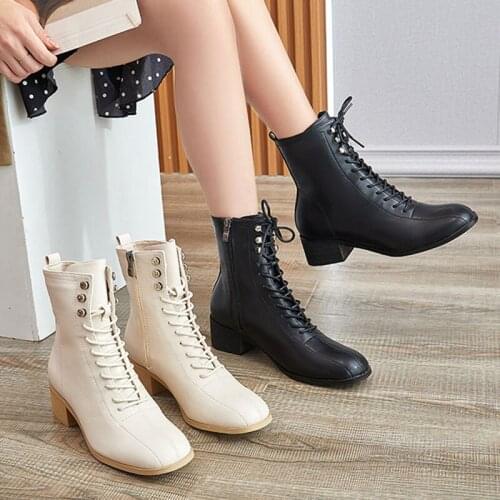 Trendy Studs cross-tied motorcycle boots women shoes winter mid-calf botte square toe chunky heels knight riding botas femininas