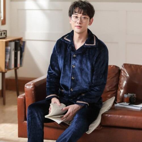 Plus Size 3XL Pijama Autumn Winter Mens Flannel Pajamas Blue Sleepwear Cartoon Pajamas Sets Casual Sleep&Lounge Pyjamas