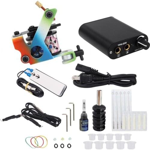 Beginner Tattoo Machine Kit Set 1 gold Coils Guns Black Pigment Sets Power Tattoo Grips Kits Permanent Makeup