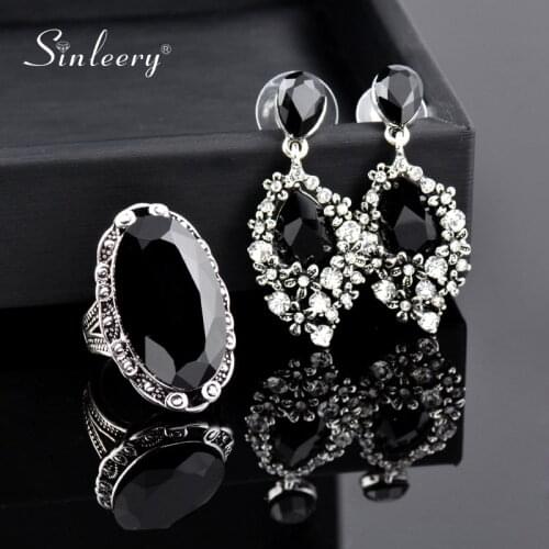 SINLEERY Vintage Black Cubic Zircon Antique Silver Color Earrings And Ring Set For Women Fashion Jewelry Set TZ431 SSO