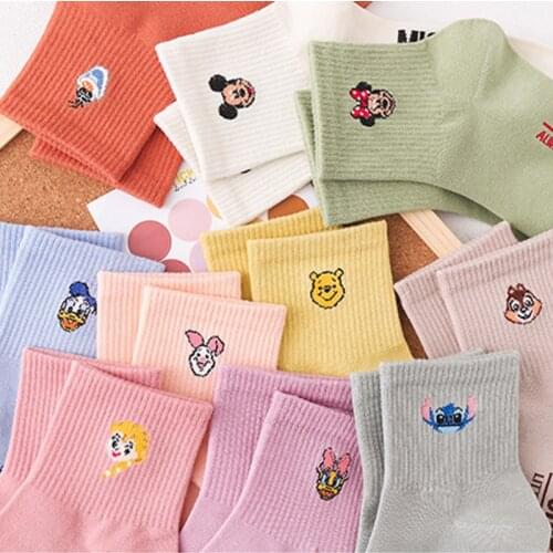 2021 New Cartoon Womens Breathable Cotton Socks Cute Mickey Lovely Animal Pattern Girl Sock Combed of Pure Cotton Female Socks