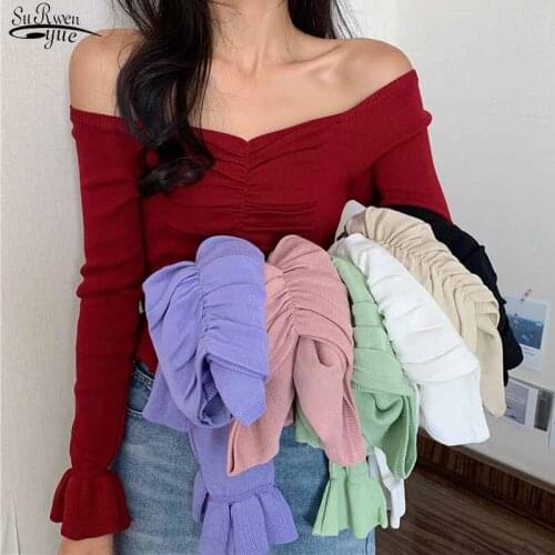 Solid Pullover Ruffle Sexy Pleated Blouse Autumn Butterfly Sleeve Knitted Tops Women Slash Neck Expose Clavicle shirt 12335