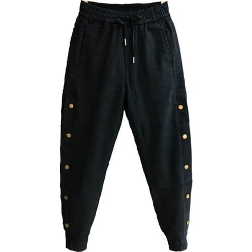 Idopy Autumn Fashion Men`s Harem Denim Joggers Ankle Cuffed Punk Buttons Elastic Waist Drawstring Street Hip Hop Pants For Male