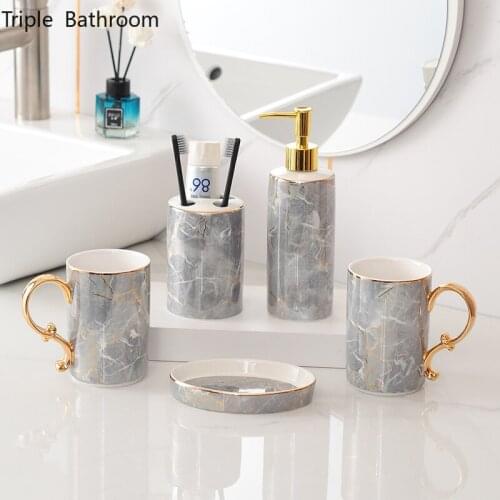 Light Luxury Ceramics Five Piece Set Gift Home Toothbrush Holder Tooth Mug Soap Dish Liquid Soap Dispenser Bathroom Toiletry Set