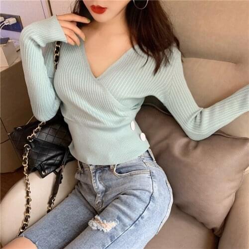Fashion Brand Thin V-neck Sweater Women Tops Casual Autumn Style Long Sleeve Crop Top Knitted Pullovers Slim Vetement Femme New