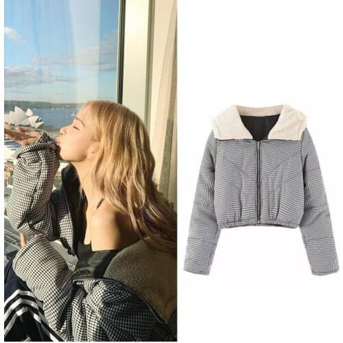 Kpop Seo Yea Ji IU Rose black and white plaid hooded sweatshirt lady Winter new Plus thick warm short zipper hoodies women coat