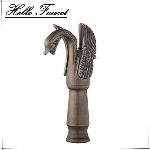 Bathroom Wash Basin Sink Tall Swan Bathroom Antique Brass Spray Single Handle Deck Mounted Torneira Vessel Tap Mixer Faucet