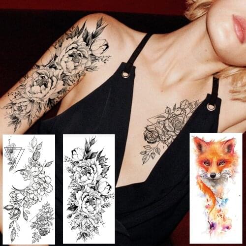 Black Flower Temporary Tattoos Sticker Fake Waterproof Fashion Tatoo For Women Girl Body Art Chest Arm Creative Tattoos Paper