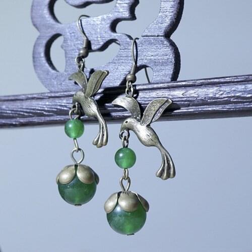 Yanting birds earrings for women copper color ethnic earrings vintage earings jewelry green chalcedony beads pendant 061